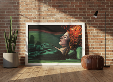 Modern wall art print leaning against the wall in an industrial loft bedroom
