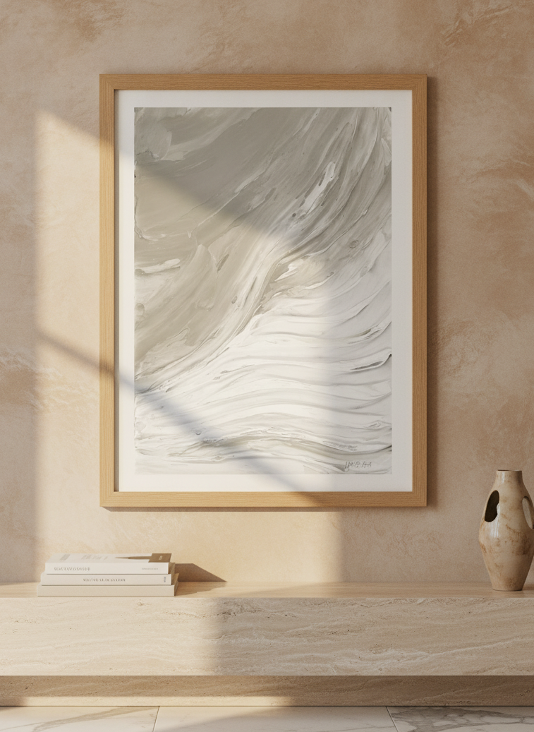 Modern wall art print styled on the wall in a luxe living room