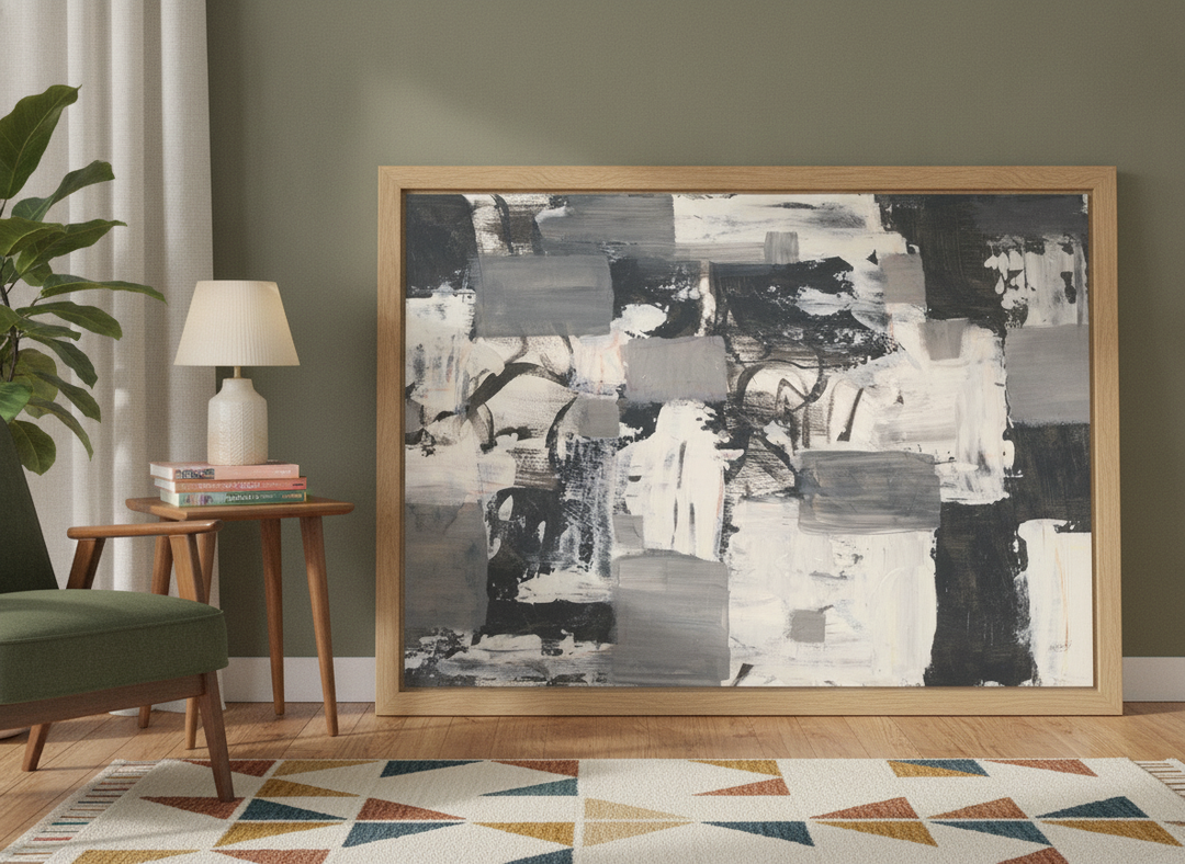 Modern wall art print leaning against the wall in a mid-century bedroom