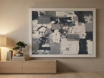 Modern wall art print styled on the wall in a warm Japandi living room