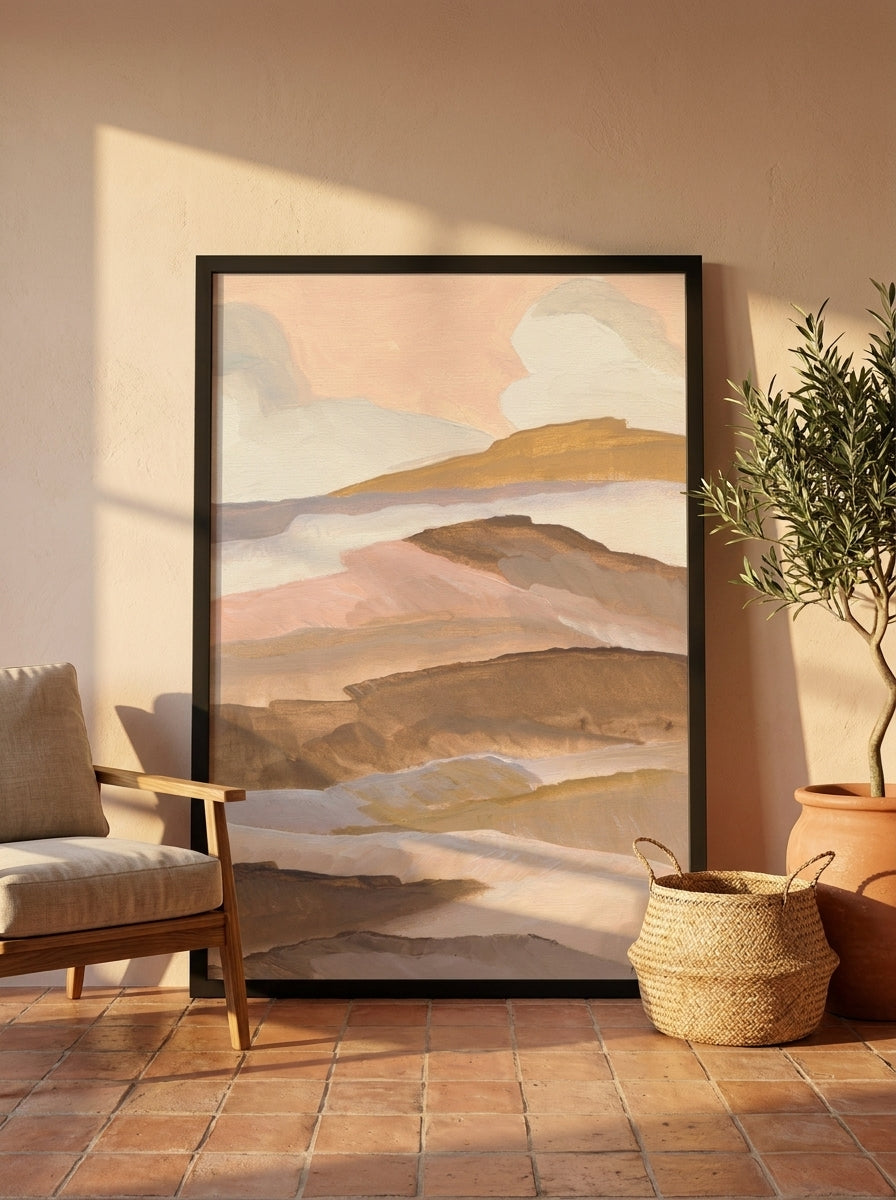 Oversized statement modern wall art print leaning against the wall in a Mediterranean bedroom