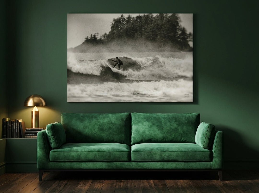 Stretched canvas wall art styled on the wall in a moody living room