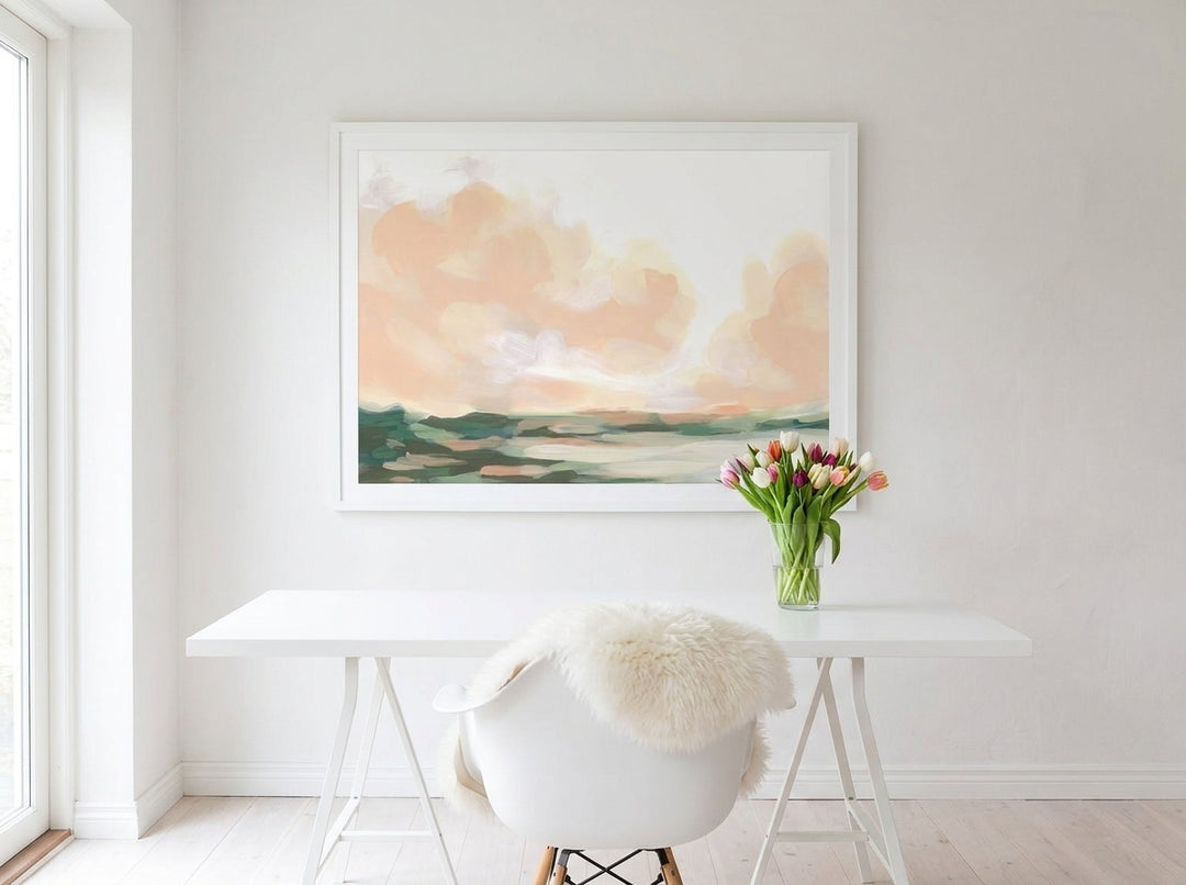 Modern wall art print styled on the wall in a bright Scandinavian home office