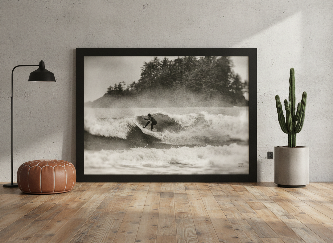 Oversized statement modern wall art print leaning against the wall in an industrial loft living room