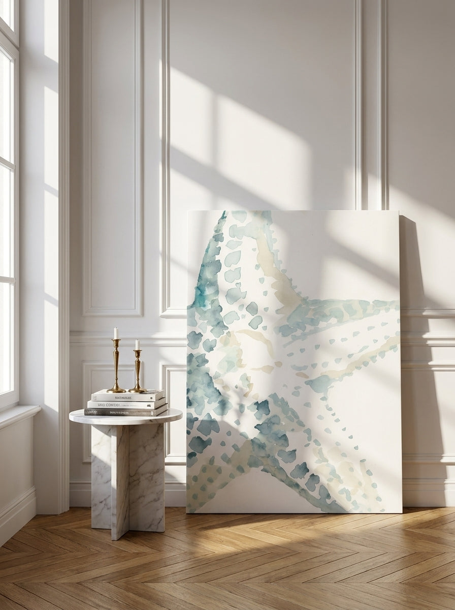 Stretched canvas wall art leaning against the wall in a Parisian bathroom