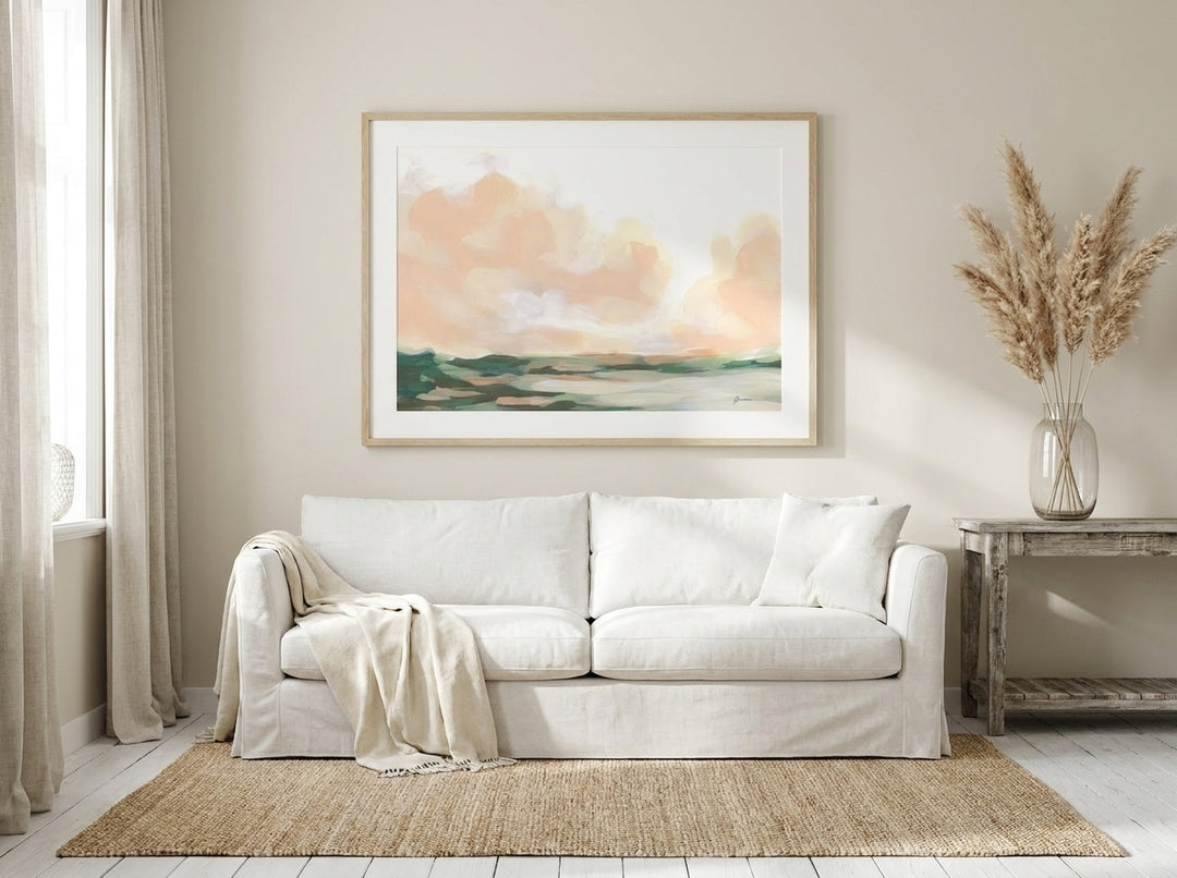 Modern wall art print styled on the wall in a coastal living room