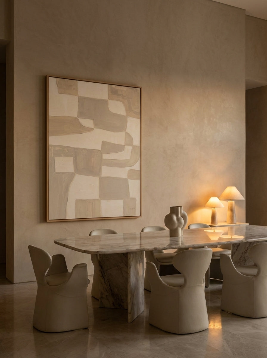 Oversized statement modern wall art print styled on the wall in a luxe dining room