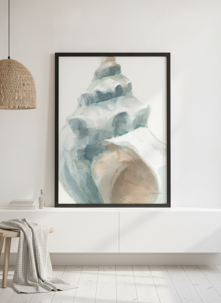 Modern wall art print standing on a sideboard in a bright Scandinavian bathroom