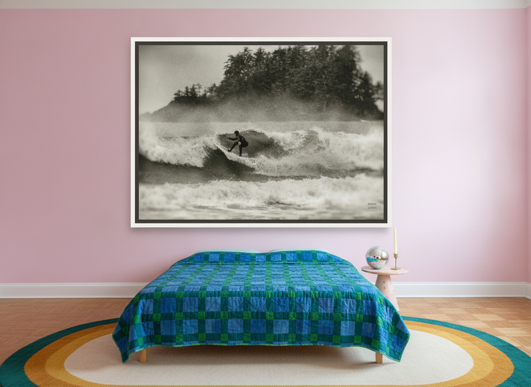 Oversized statement canvas wall art with a white surround styled on the wall in a colourful eclectic bedroom