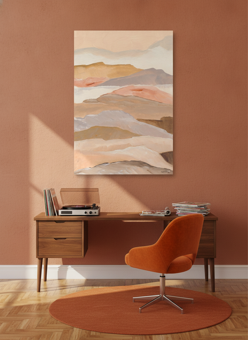 Stretched canvas wall art styled on the wall in a retro 70s home office