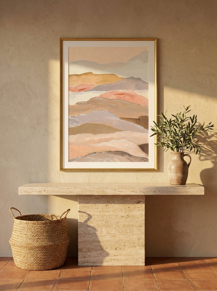 Modern wall art print styled on the wall in a Mediterranean living room