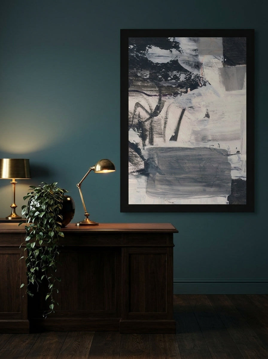 Oversized statement modern wall art print styled on the wall in a moody home office