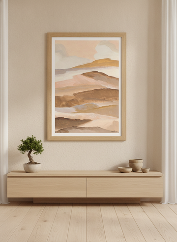 Modern wall art print styled on the wall in a warm Japandi living room