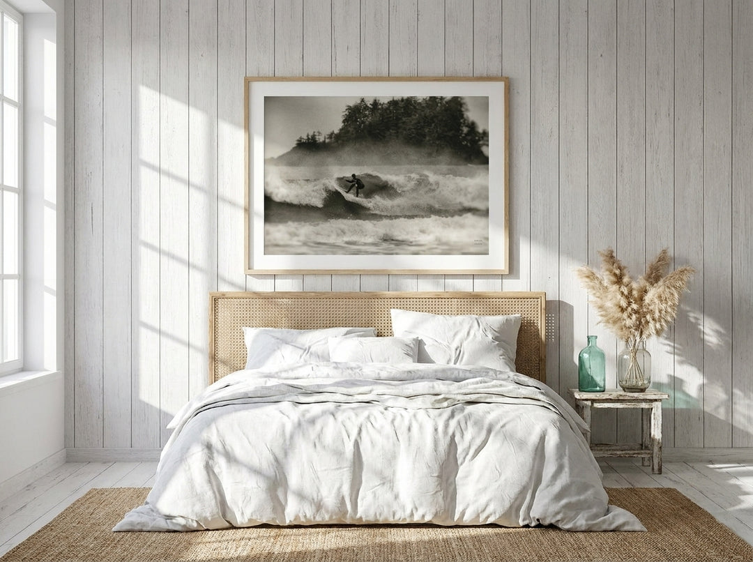 Modern wall art print styled on the wall in a coastal bedroom