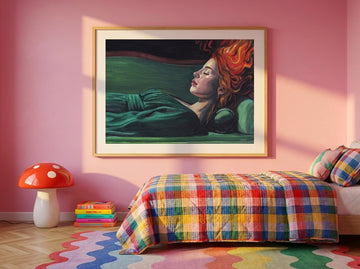 Modern wall art print styled on the wall in a colourful eclectic bedroom