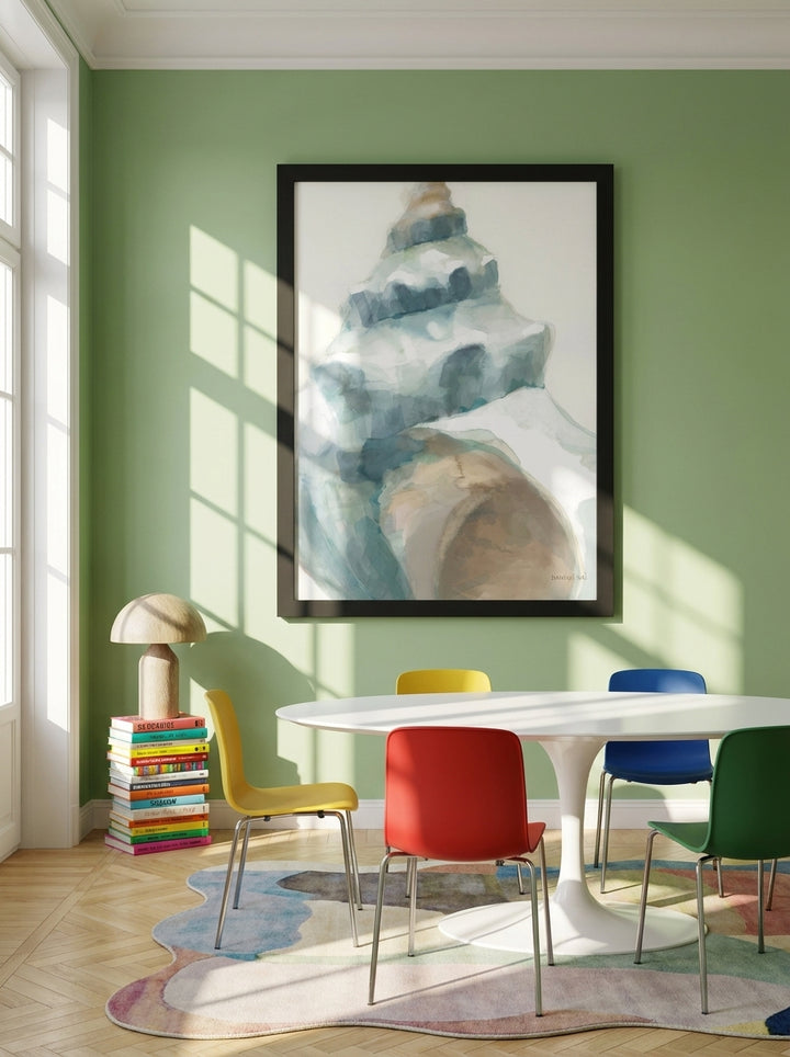 Oversized statement modern wall art print styled on the wall in a colourful eclectic dining room