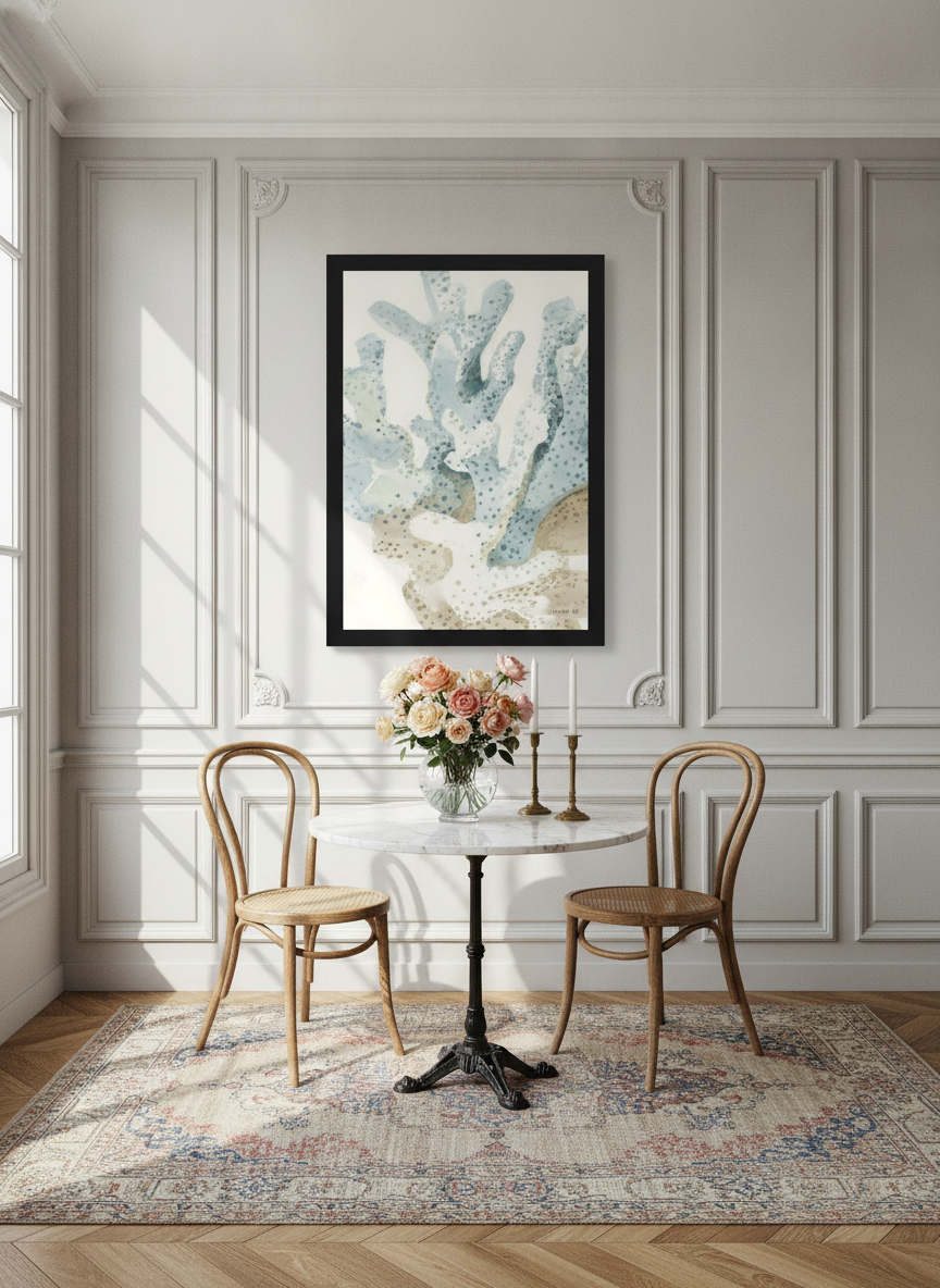 Oversized statement modern wall art print styled on the wall in a Parisian dining room
