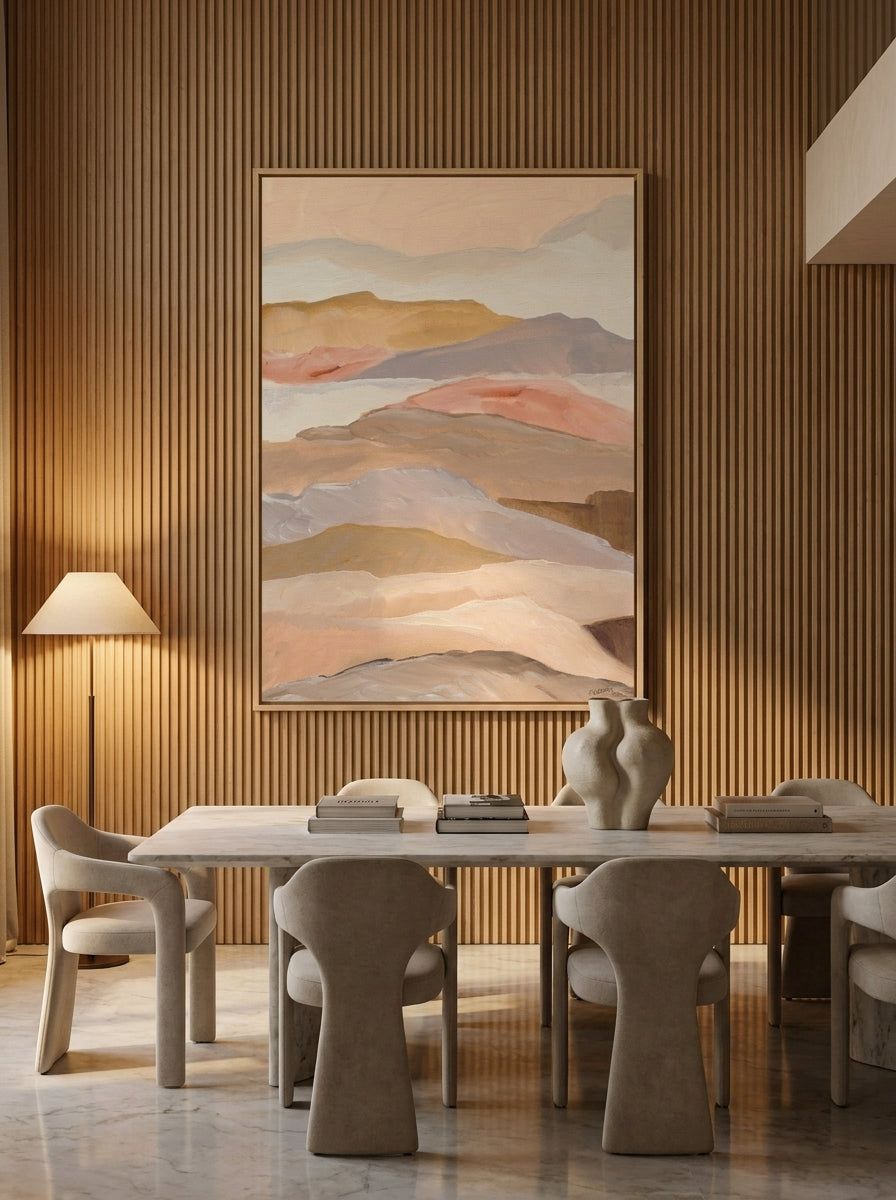 Oversized statement modern wall art print styled on the wall in a luxe dining room