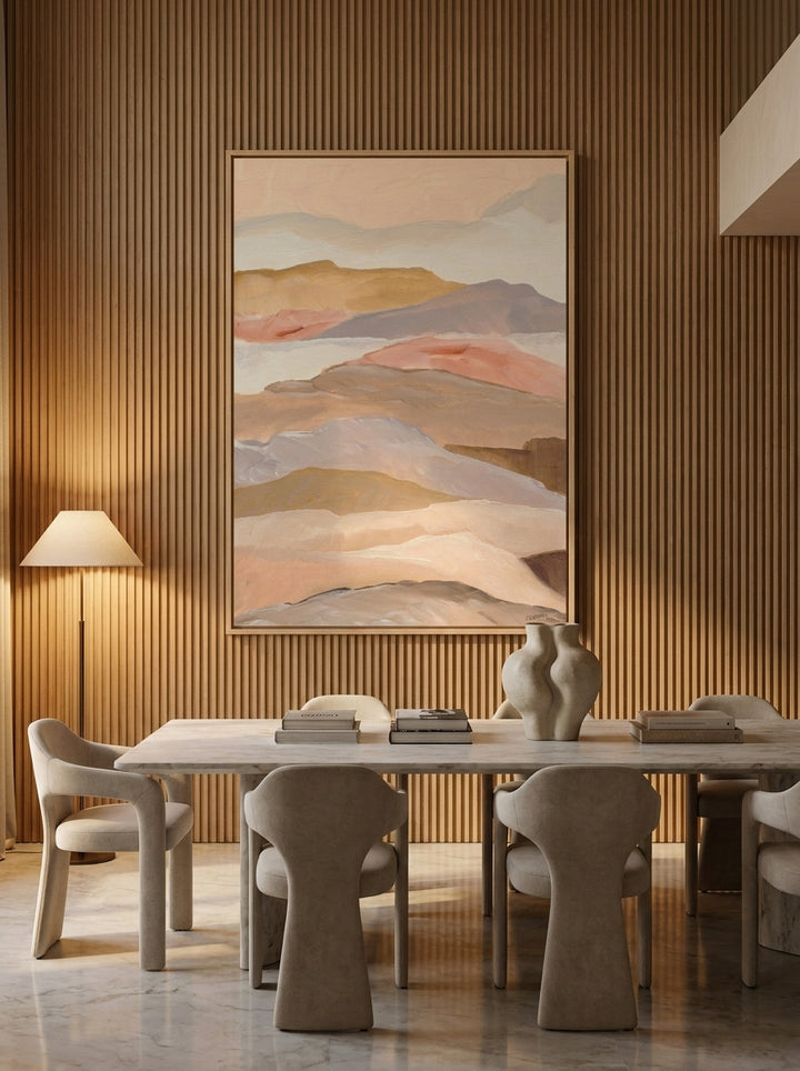Oversized statement modern wall art print styled on the wall in a luxe dining room