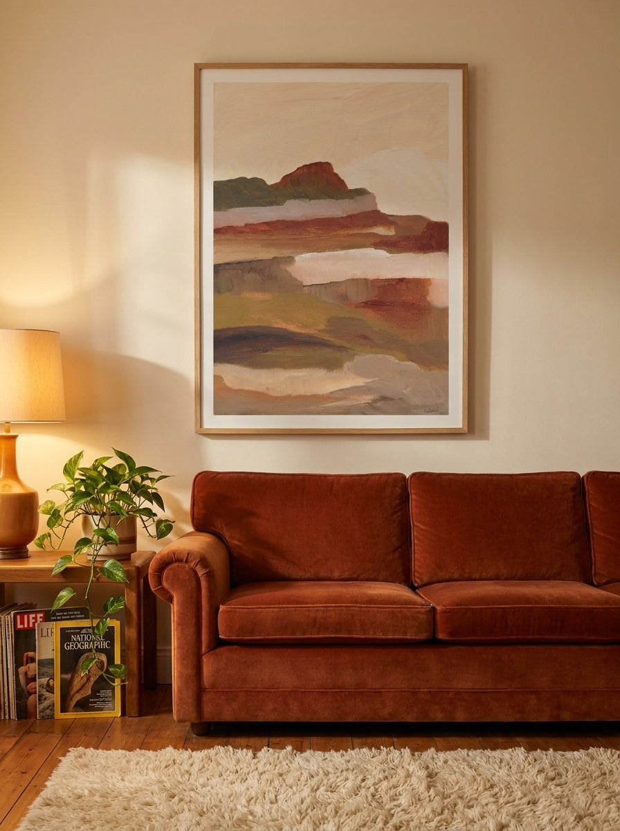 Modern wall art print styled on the wall in a retro 70s living room