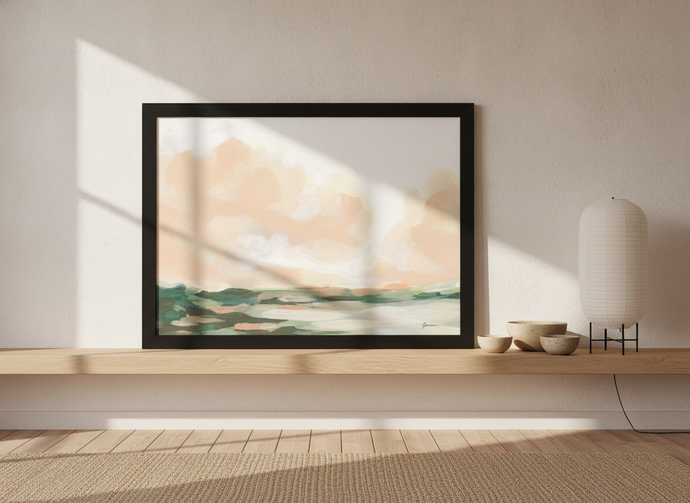 Modern wall art print standing on a shelf in a warm Japandi bedroom