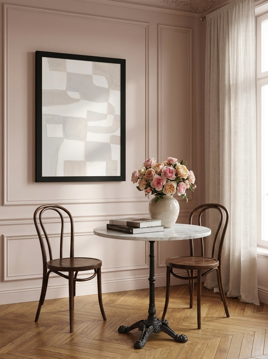 Modern wall art print styled on the wall in a Parisian dining room