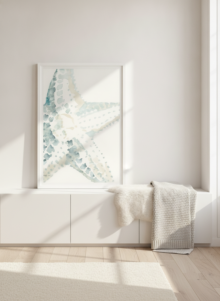 Modern wall art print standing on a sideboard in a bright Scandinavian bedroom
