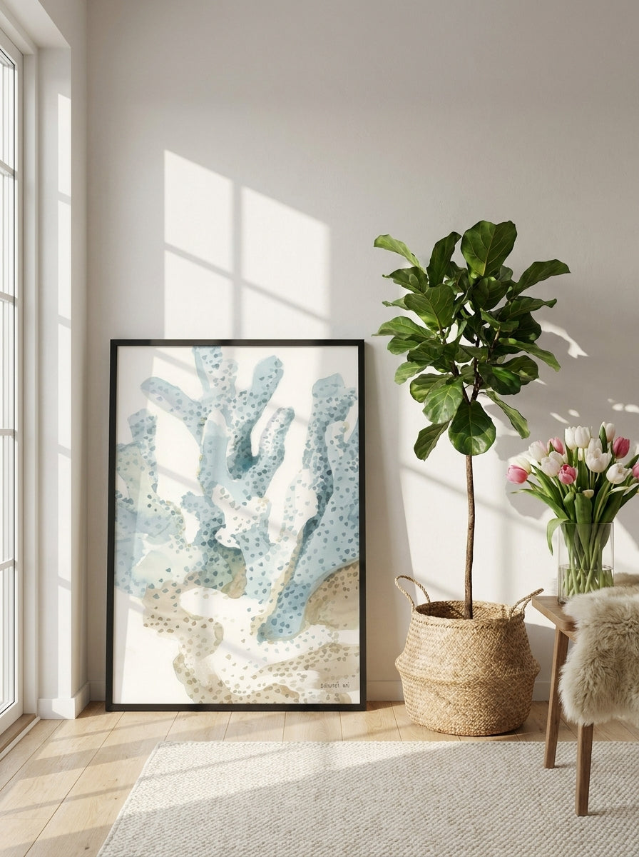 Modern wall art print leaning against the wall in a bright Scandinavian bathroom
