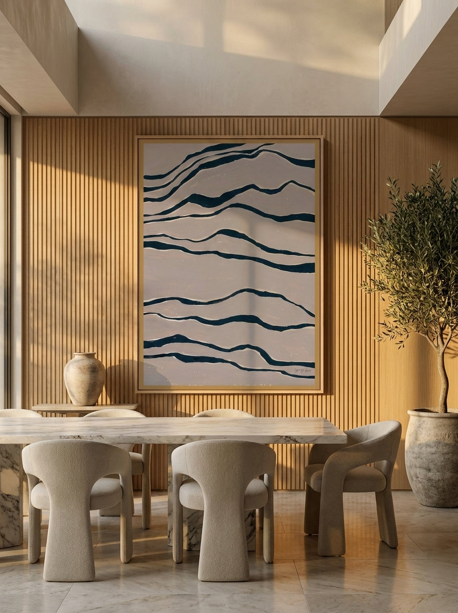 Oversized statement modern wall art print styled on the wall in a luxe dining room