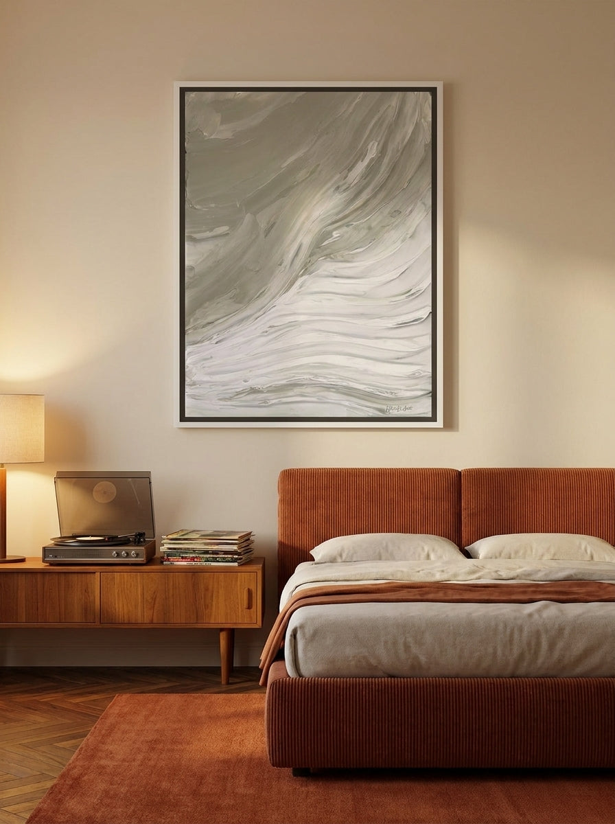 Canvas wall art with a white surround styled on the wall in a retro 70s bedroom