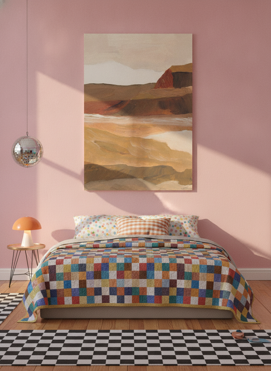 Stretched canvas wall art styled on the wall in a colourful eclectic bedroom