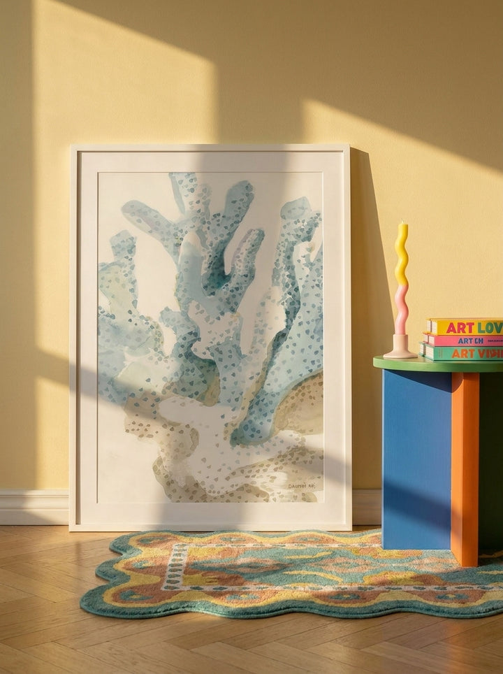 Modern wall art print leaning against the wall in a colourful eclectic kitchen