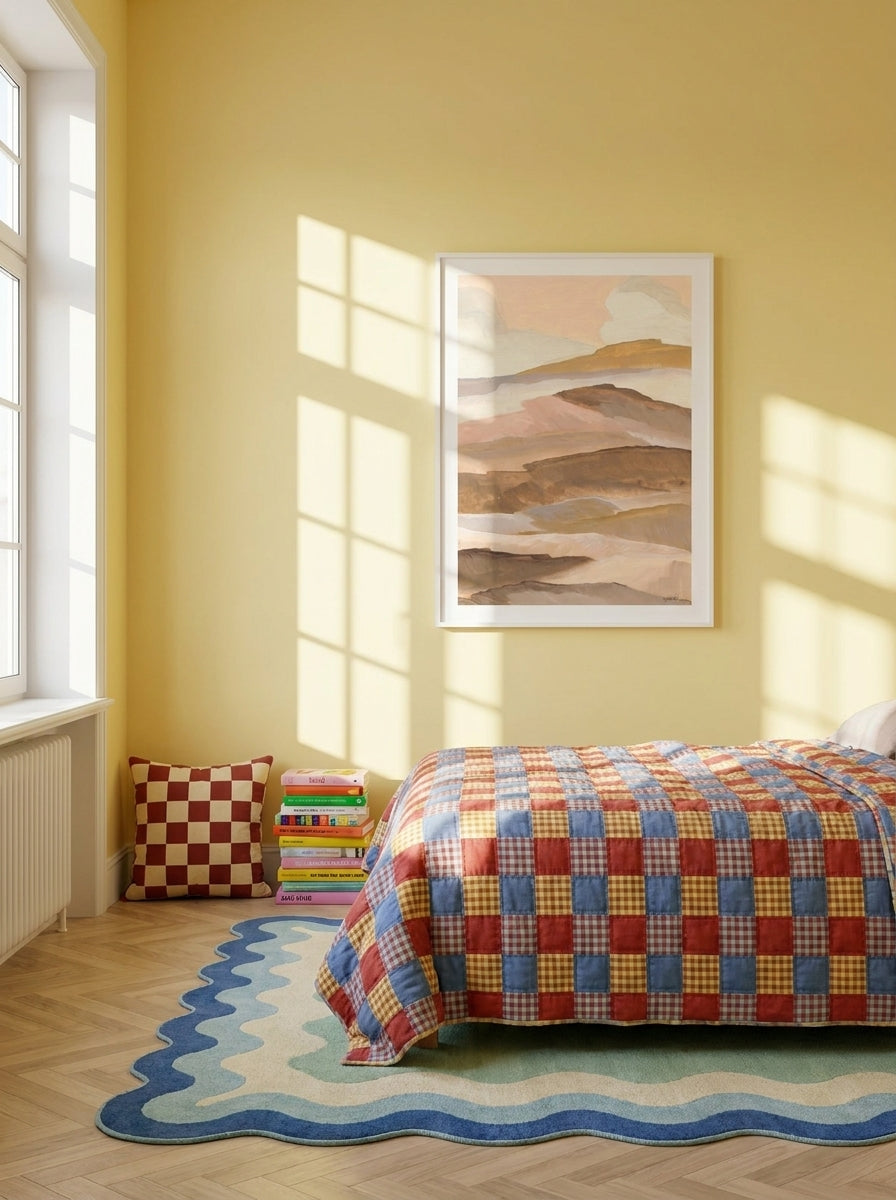 Modern wall art print styled on the wall in a colourful eclectic bedroom