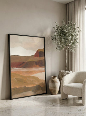 Modern wall art print leaning against the wall in a luxe bedroom