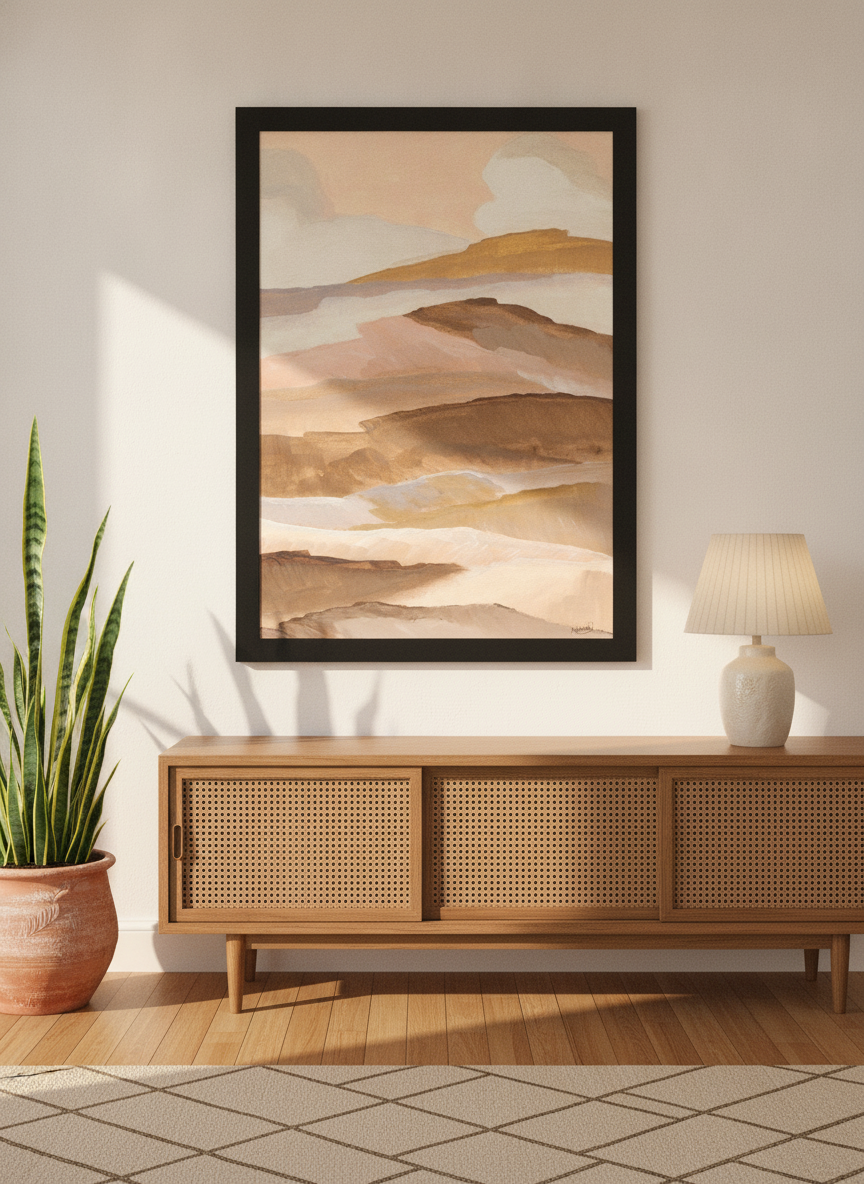 Modern wall art print styled on the wall in a mid-century living room