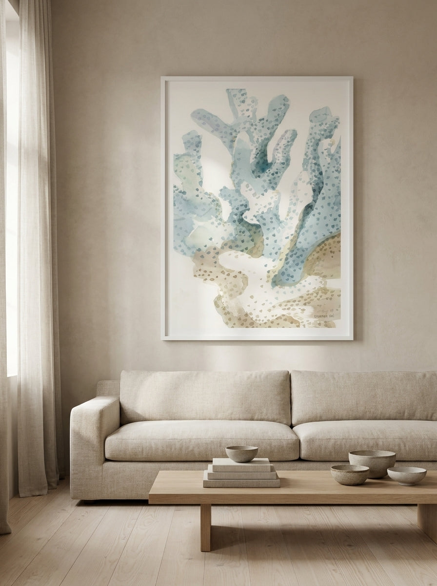 Oversized statement modern wall art print styled on the wall in a warm Japandi living room