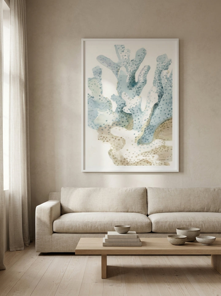 Oversized statement modern wall art print styled on the wall in a warm Japandi living room