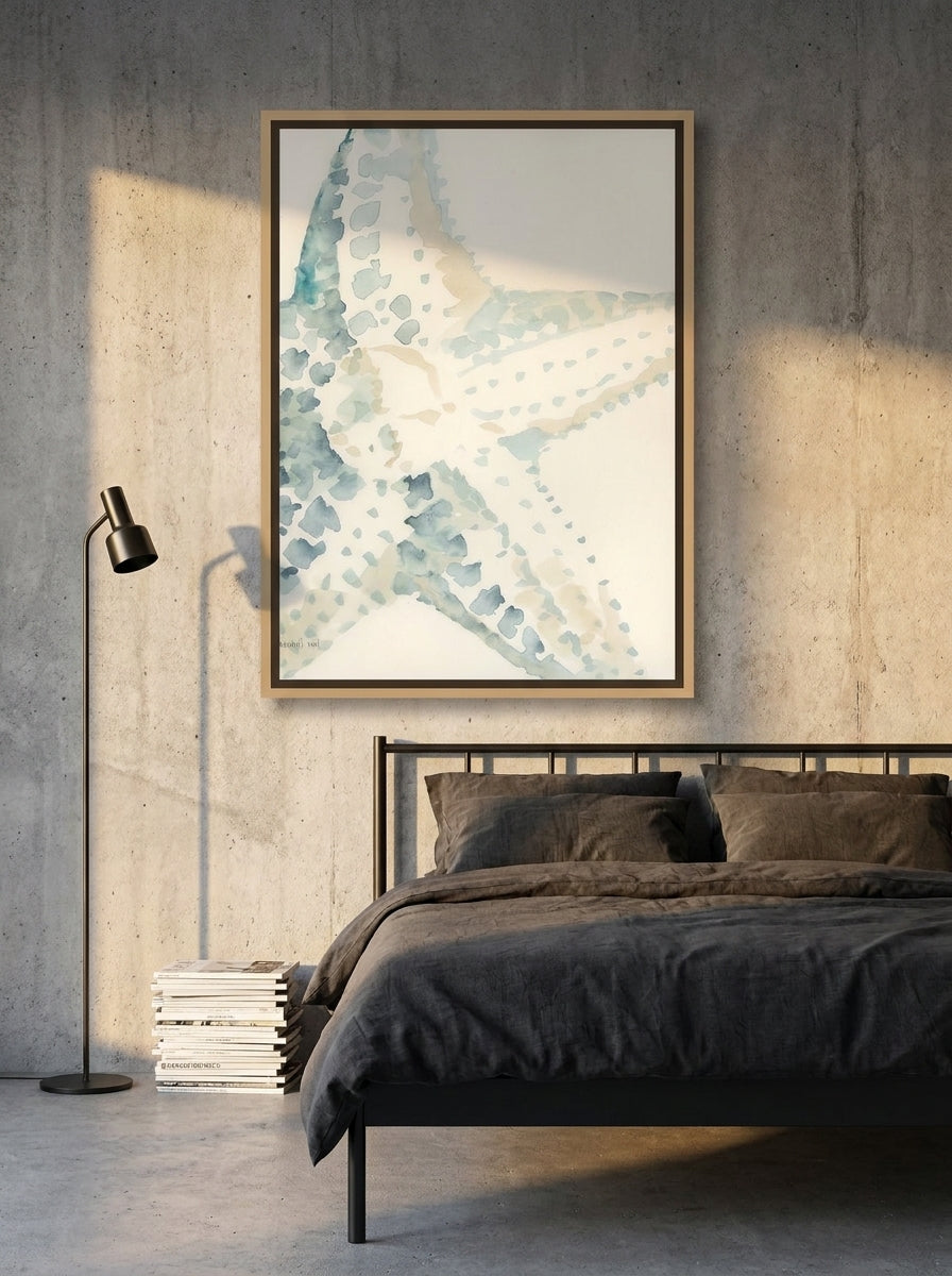 Canvas wall art with a natural timber surround styled on the wall in an industrial loft bedroom