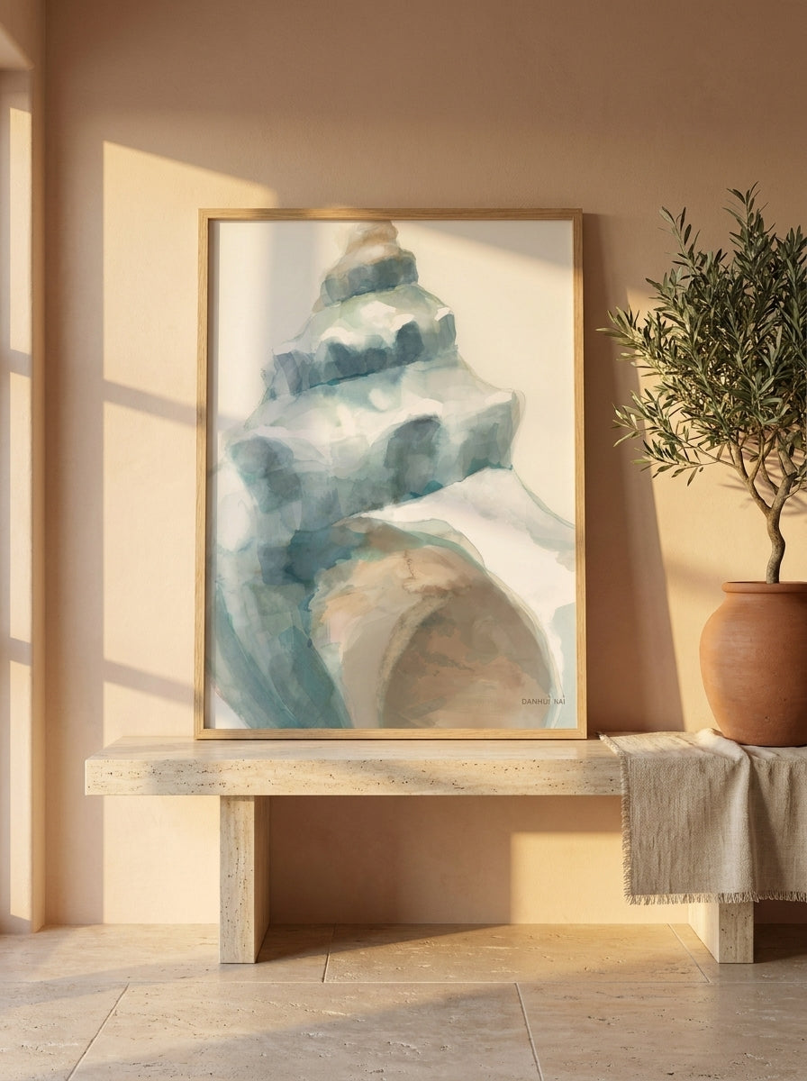 Modern wall art print standing on a console in a Mediterranean bedroom