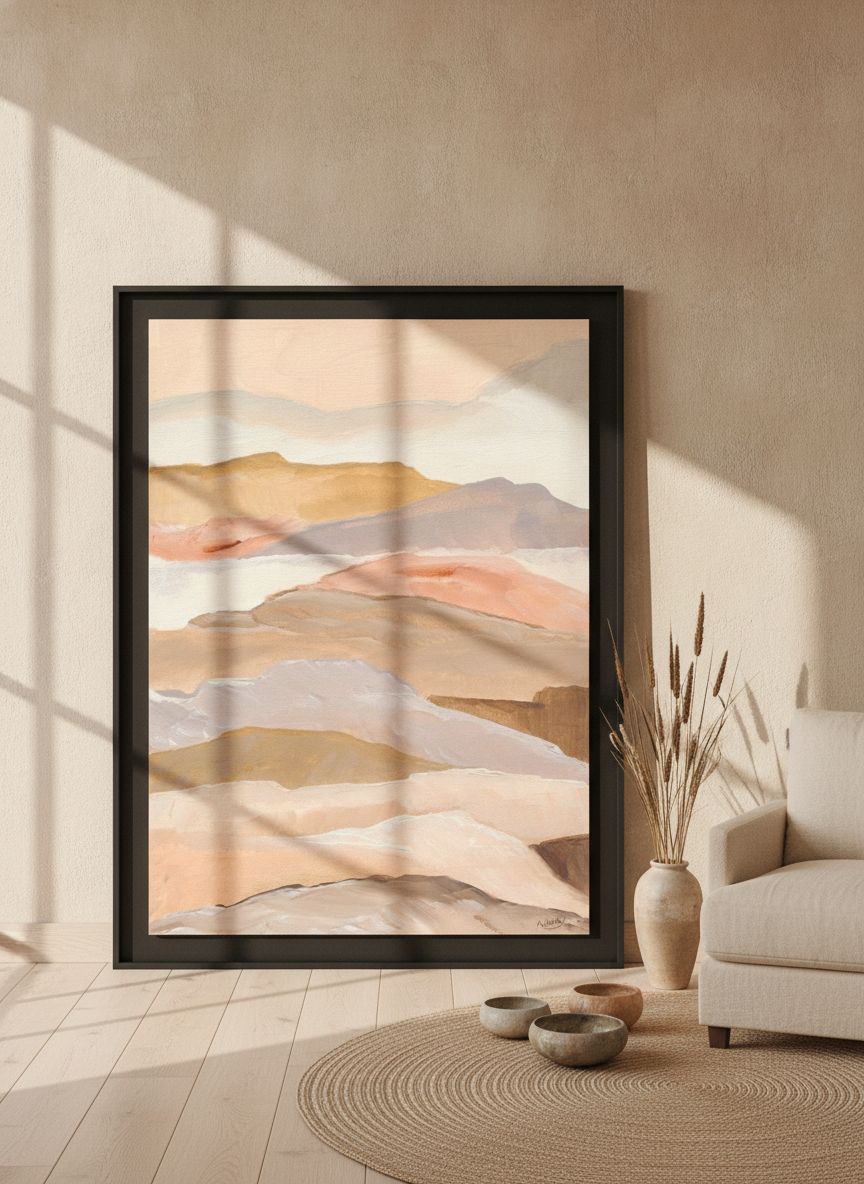 Oversized statement modern wall art print leaning against the wall in a warm Japandi bedroom