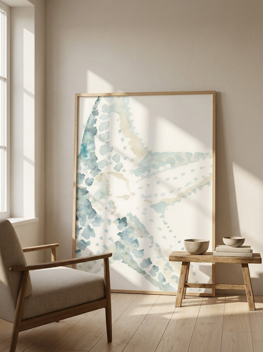 Oversized statement modern wall art print leaning against the wall in a warm Japandi living room