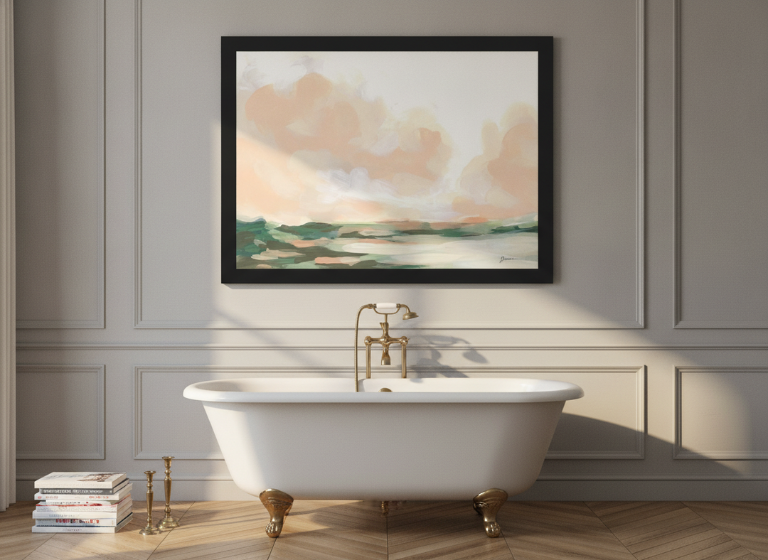Modern wall art print styled on the wall in a Parisian bathroom