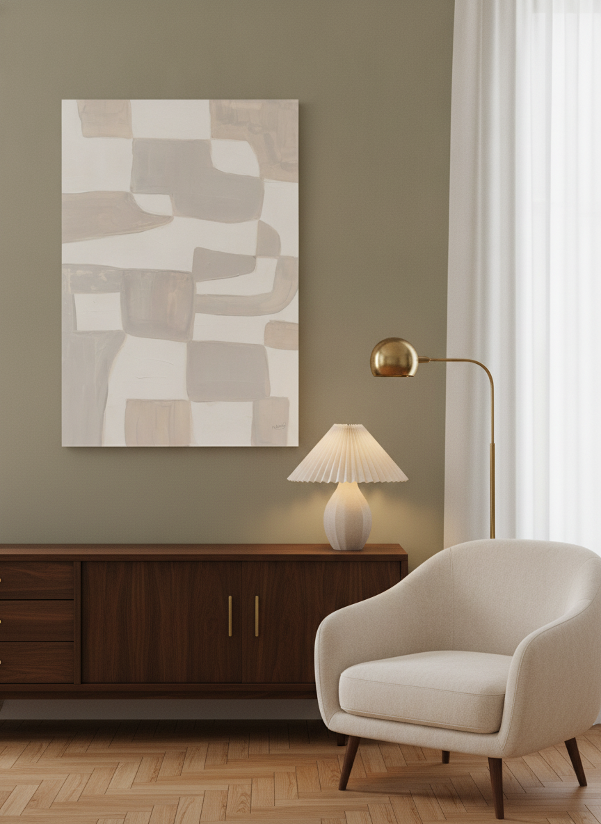 Stretched canvas wall art styled on the wall in a mid-century living room