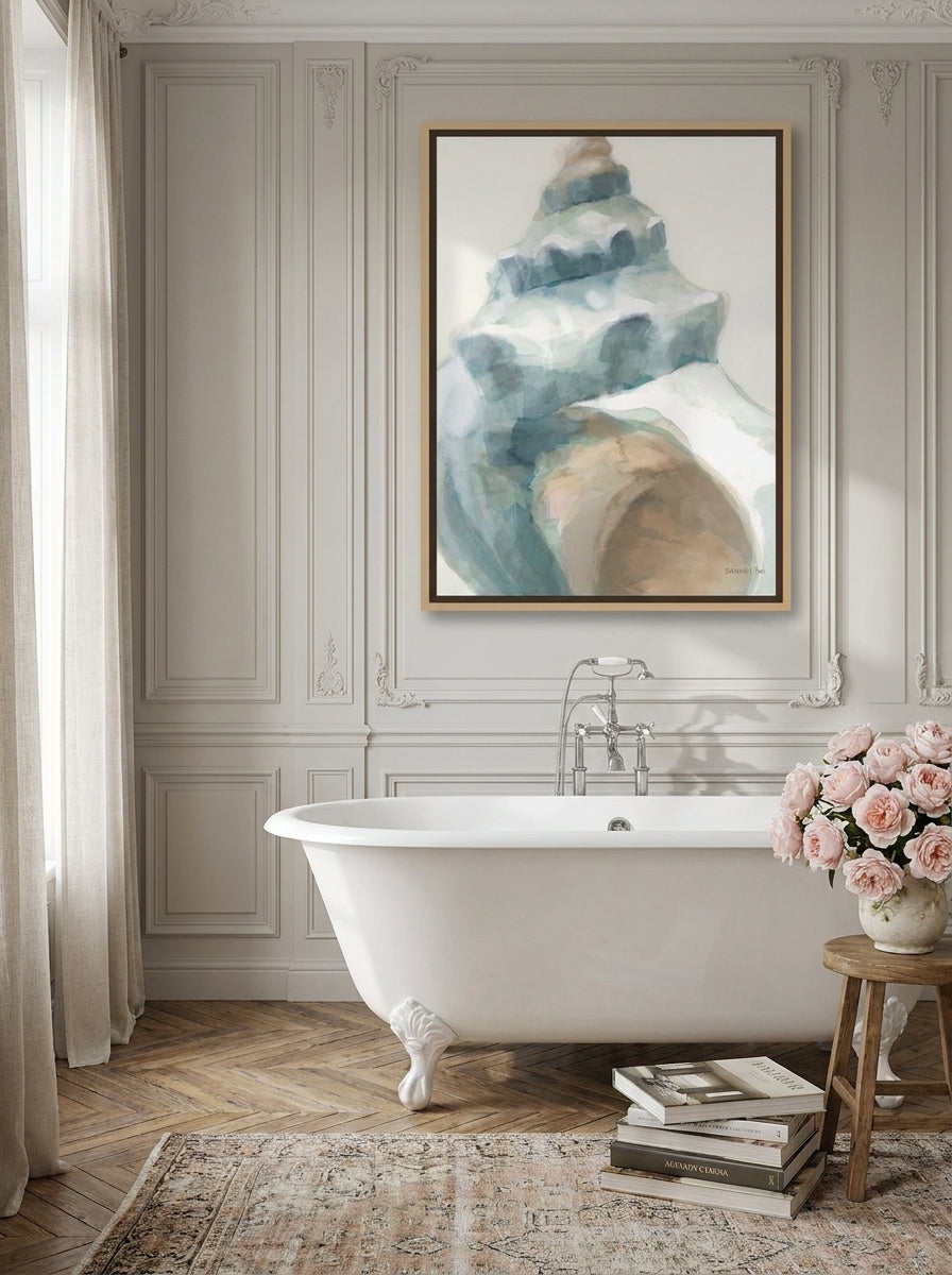 Canvas wall art with a natural timber surround styled on the wall in a Parisian bathroom