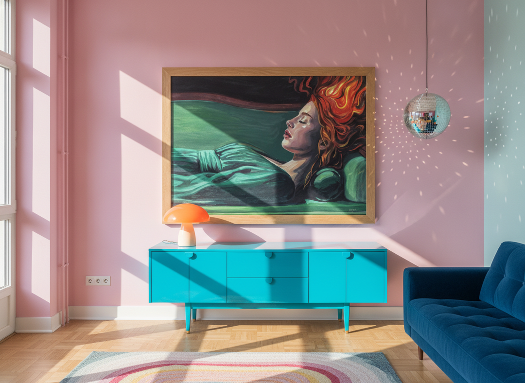 Oversized statement modern wall art print styled on the wall in a colourful eclectic living room