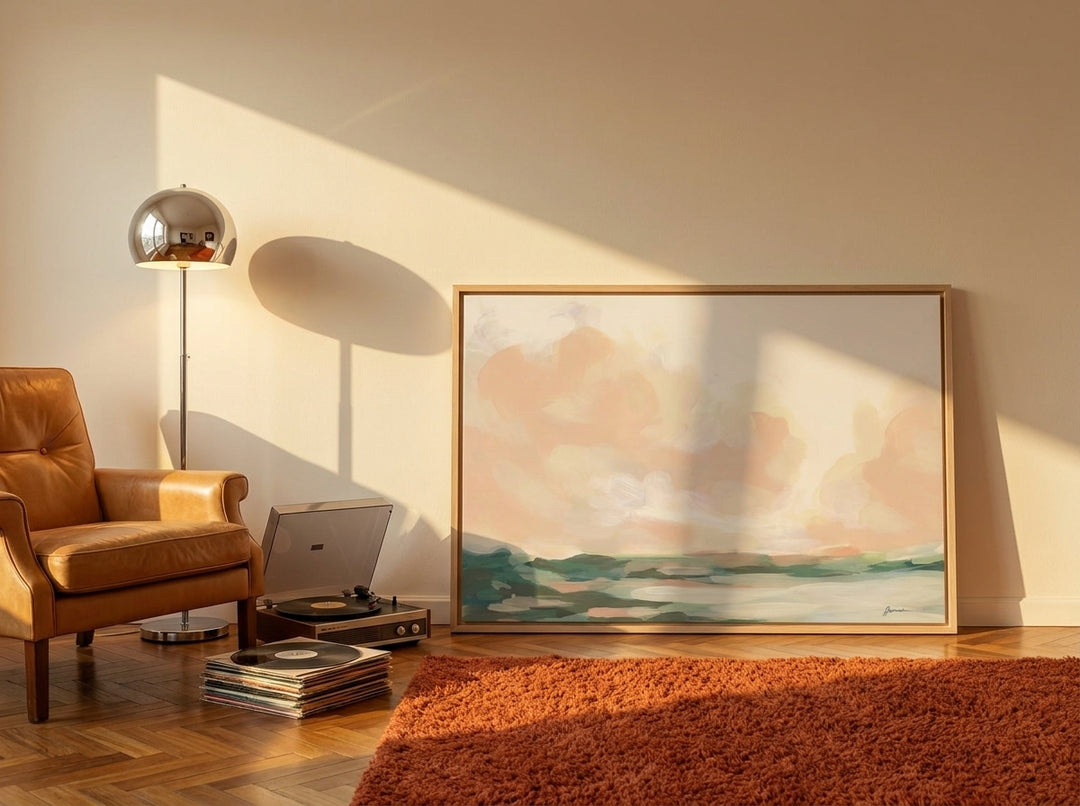 Canvas wall art with a natural timber surround leaning against the wall in a retro 70s bedroom