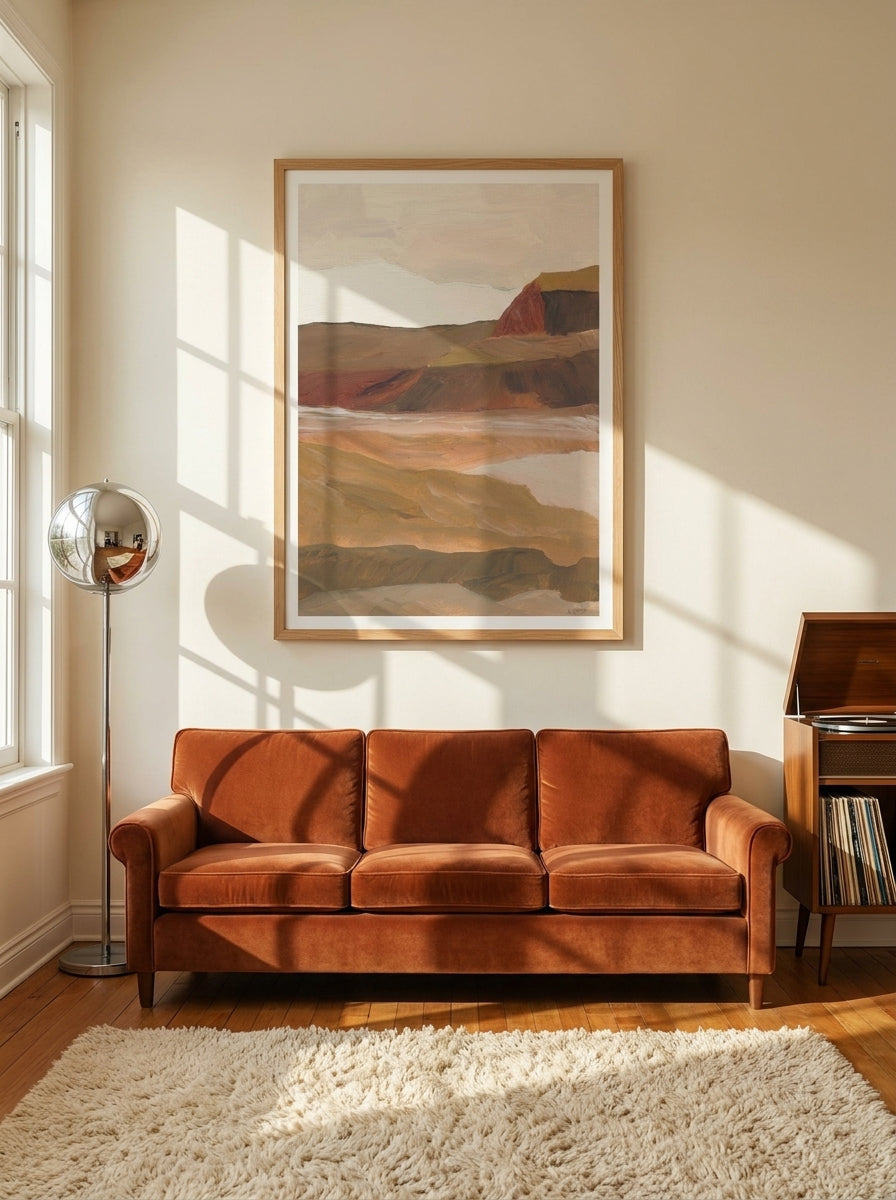 Modern wall art print styled on the wall in a retro 70s living room