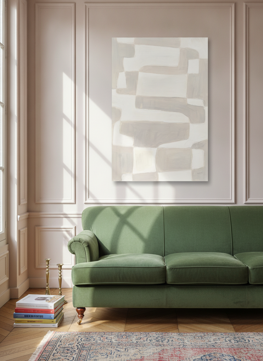 Stretched canvas wall art styled on the wall in a Parisian living room