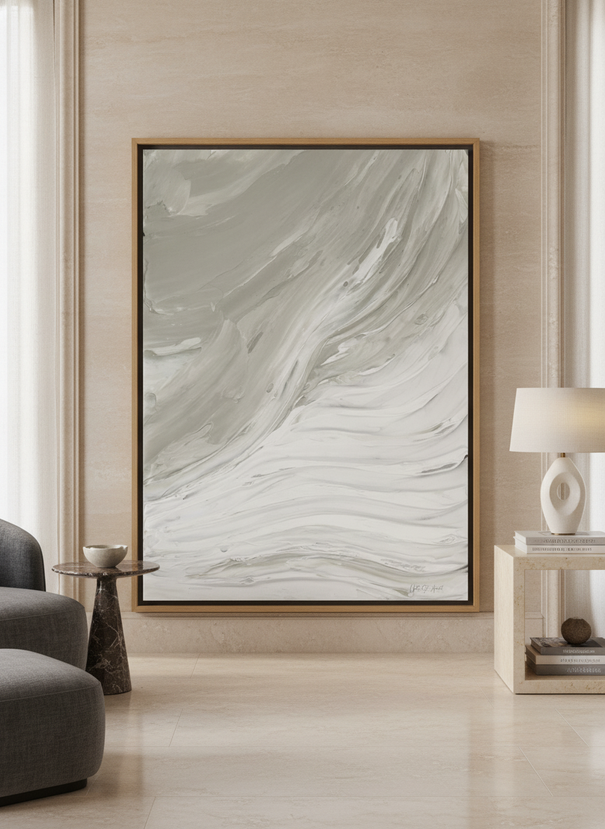 Oversized statement canvas wall art with a natural timber surround leaning against the wall in a luxe dining room