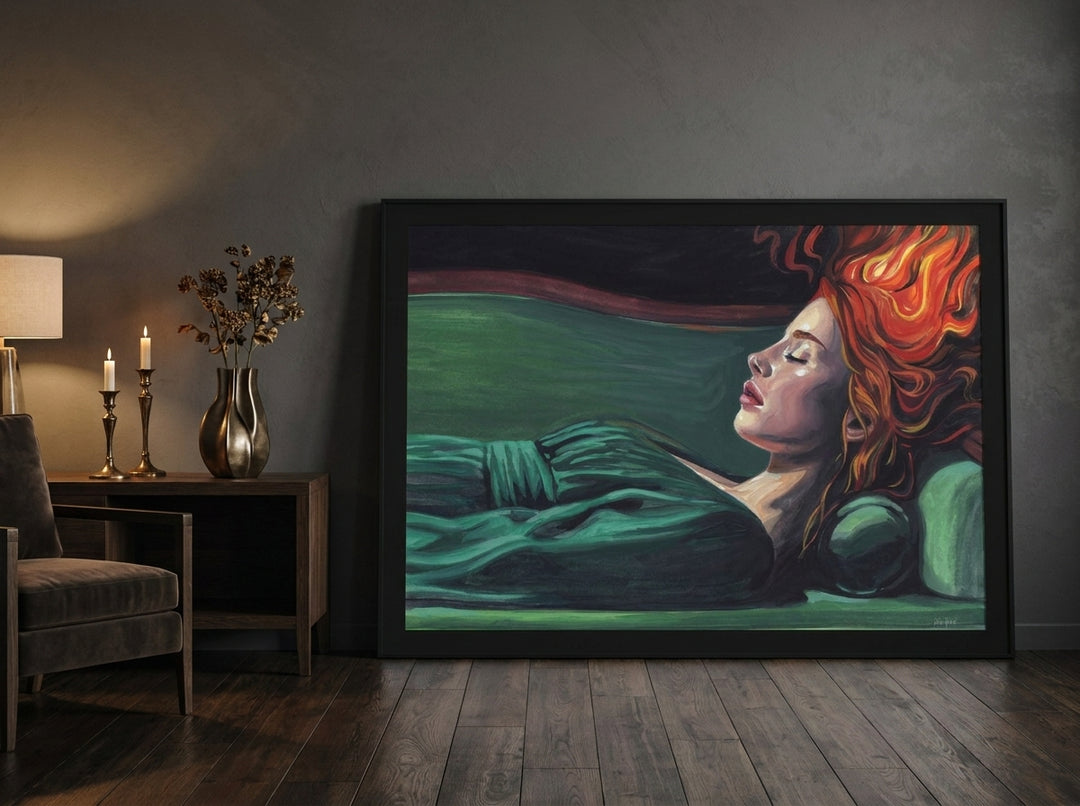 Oversized statement modern wall art print leaning against the wall in a moody living room
